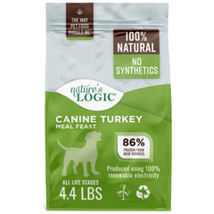 Croquettes Nature's Logic pour chien dinde moulue dans bol, protéines de haute qualité.