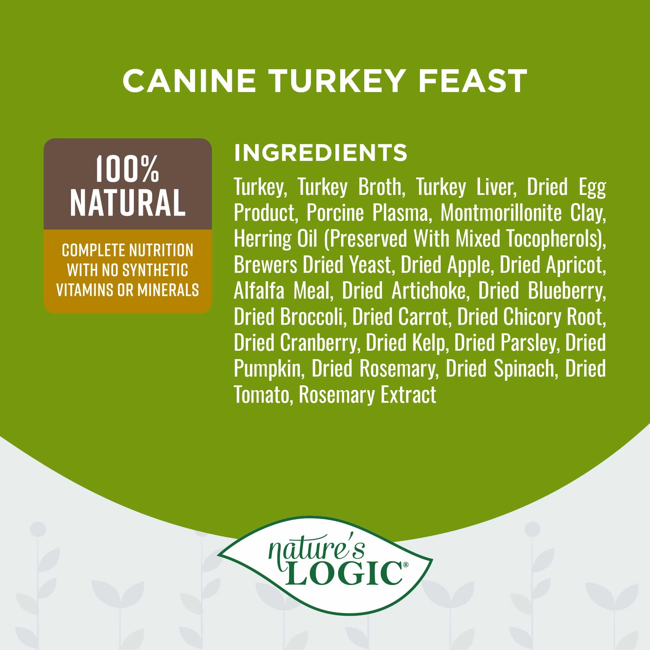 Nature's Logic ingrédients naturels avec fruits et légumes pour un équilibre nutritionnel.
