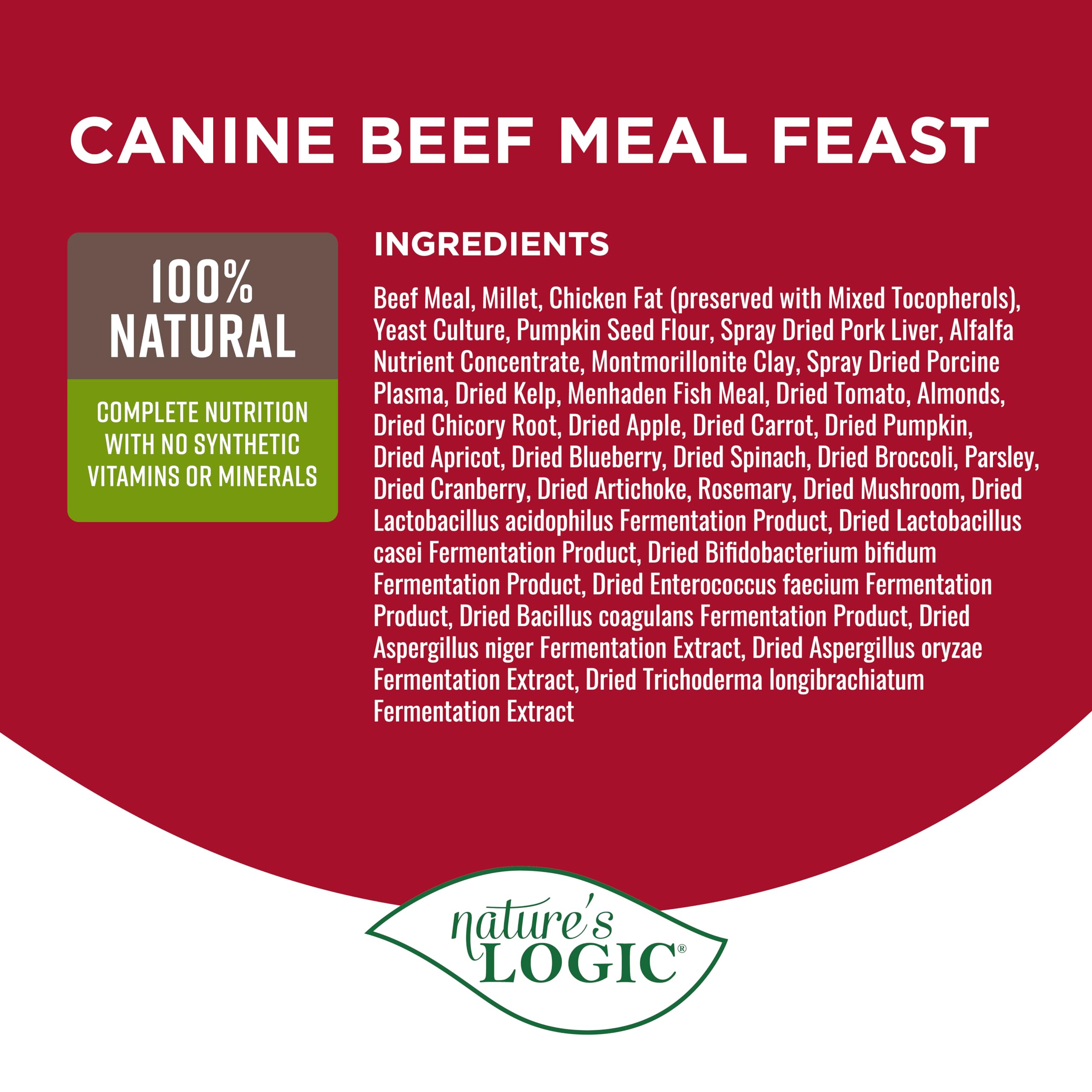NATURE'S LOGIC ingrédients naturels chien, millet et graines de courge pour énergie durable.