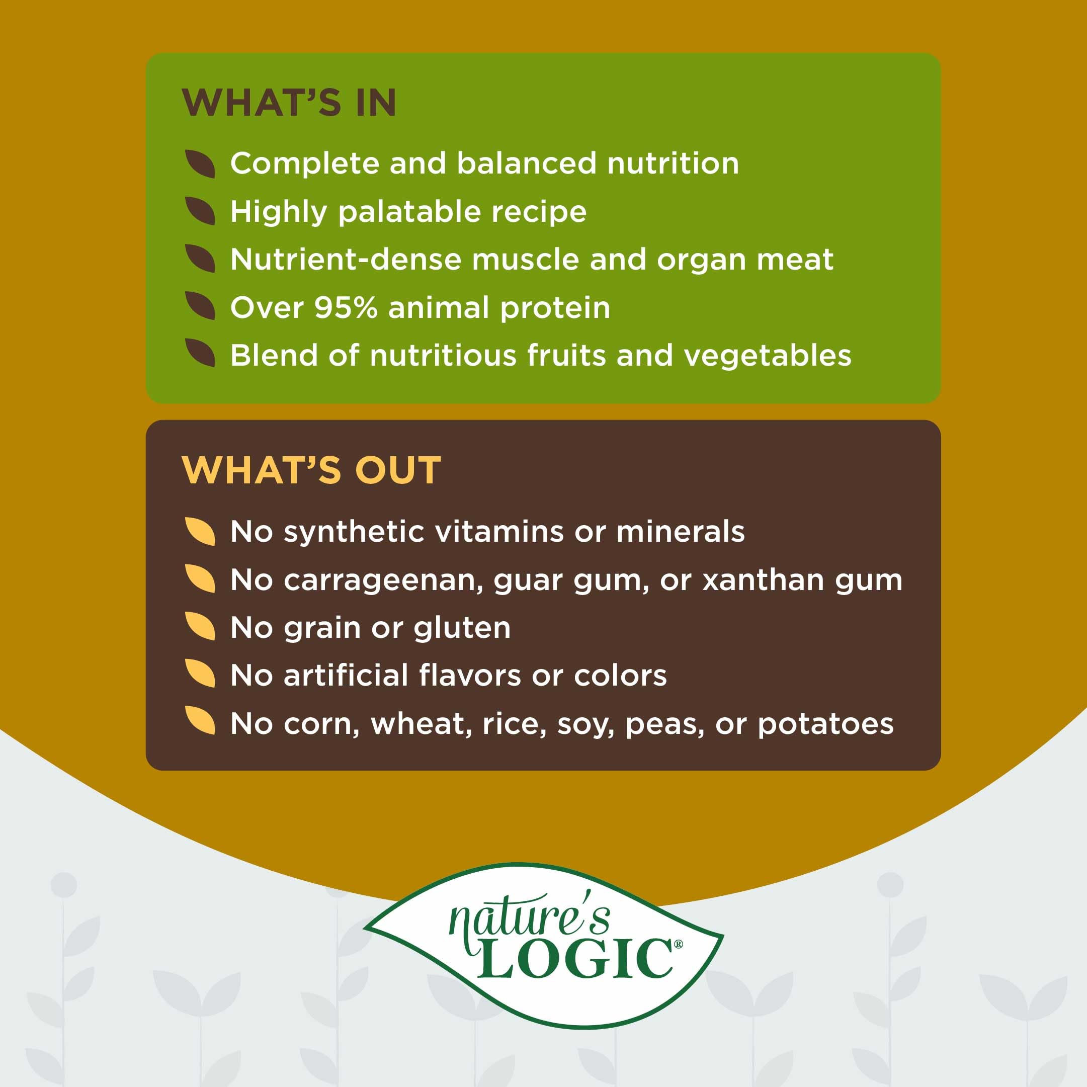 Pâte humide Nature's Logic, emballage pratique pour le stockage et la portion.
