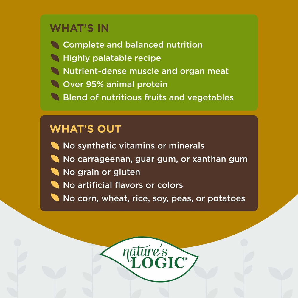 Pâte humide Nature's Logic, emballage pratique pour le stockage et la portion.