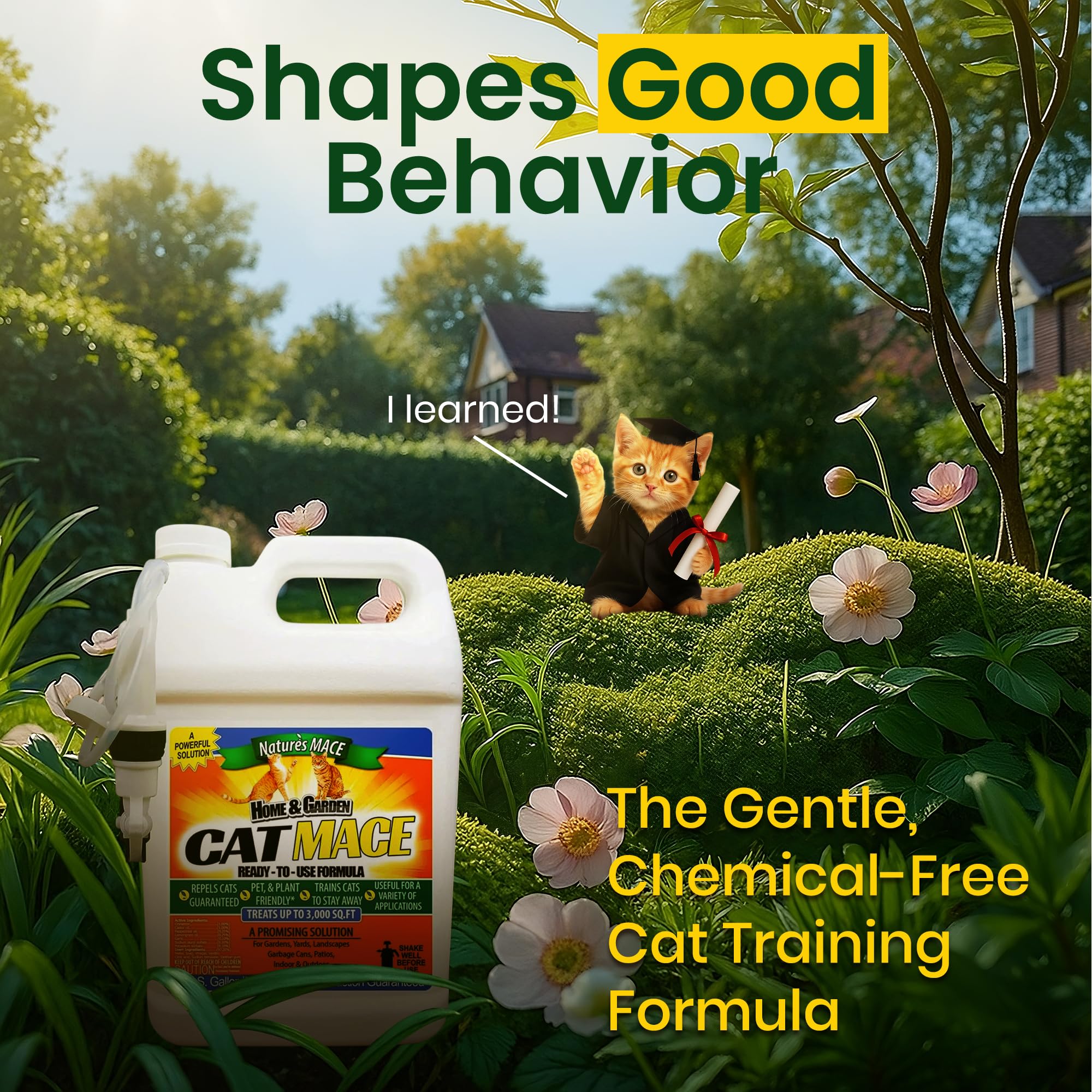 Spray Nature's MACE en extérieur pour dissuader les chats dans le jardin.