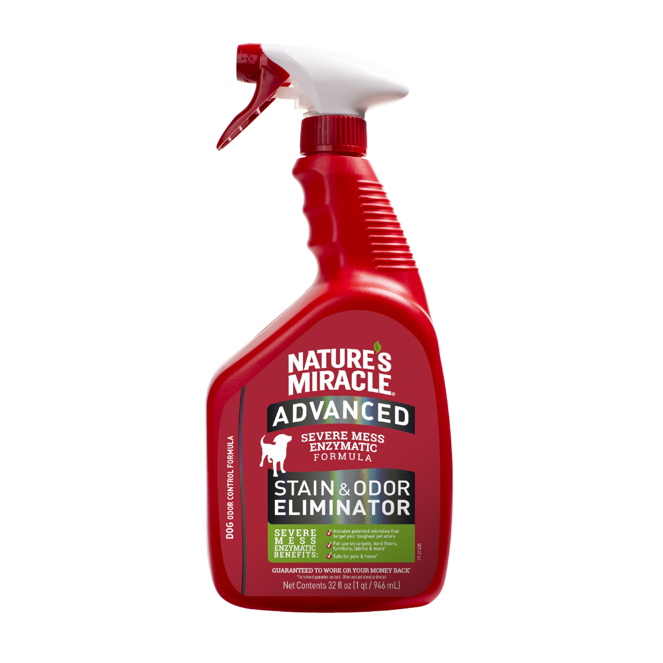 Nature’s Miracle Advanced Détachant pulvérisateur sur bouteille rouge, élimine taches et odeurs sur tapis.