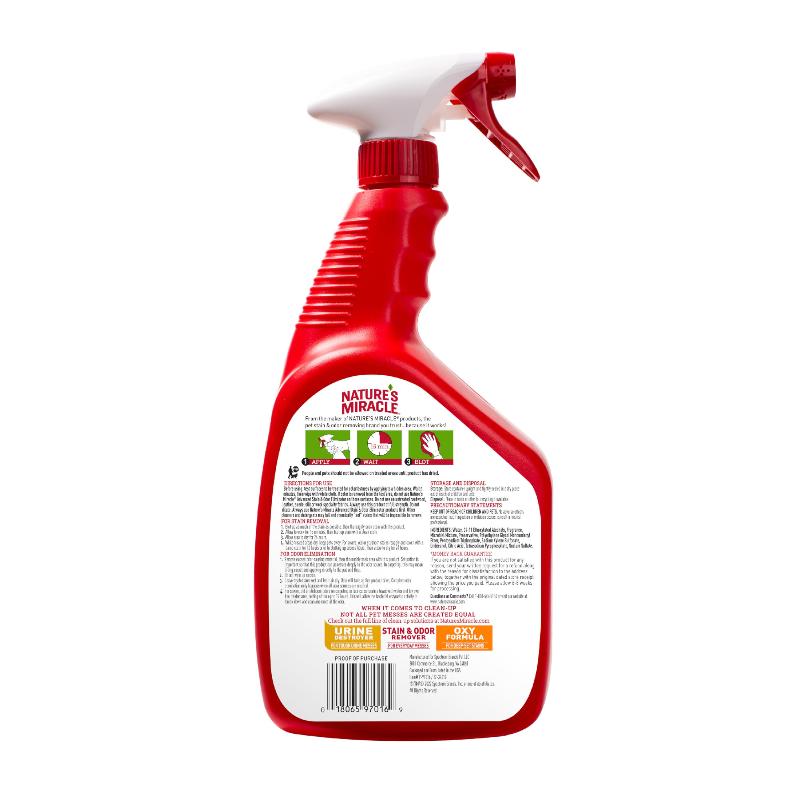 Nature’s Miracle Advanced Détachant pulvérisateur, utilisation simple avec temps d’attente recommandé.