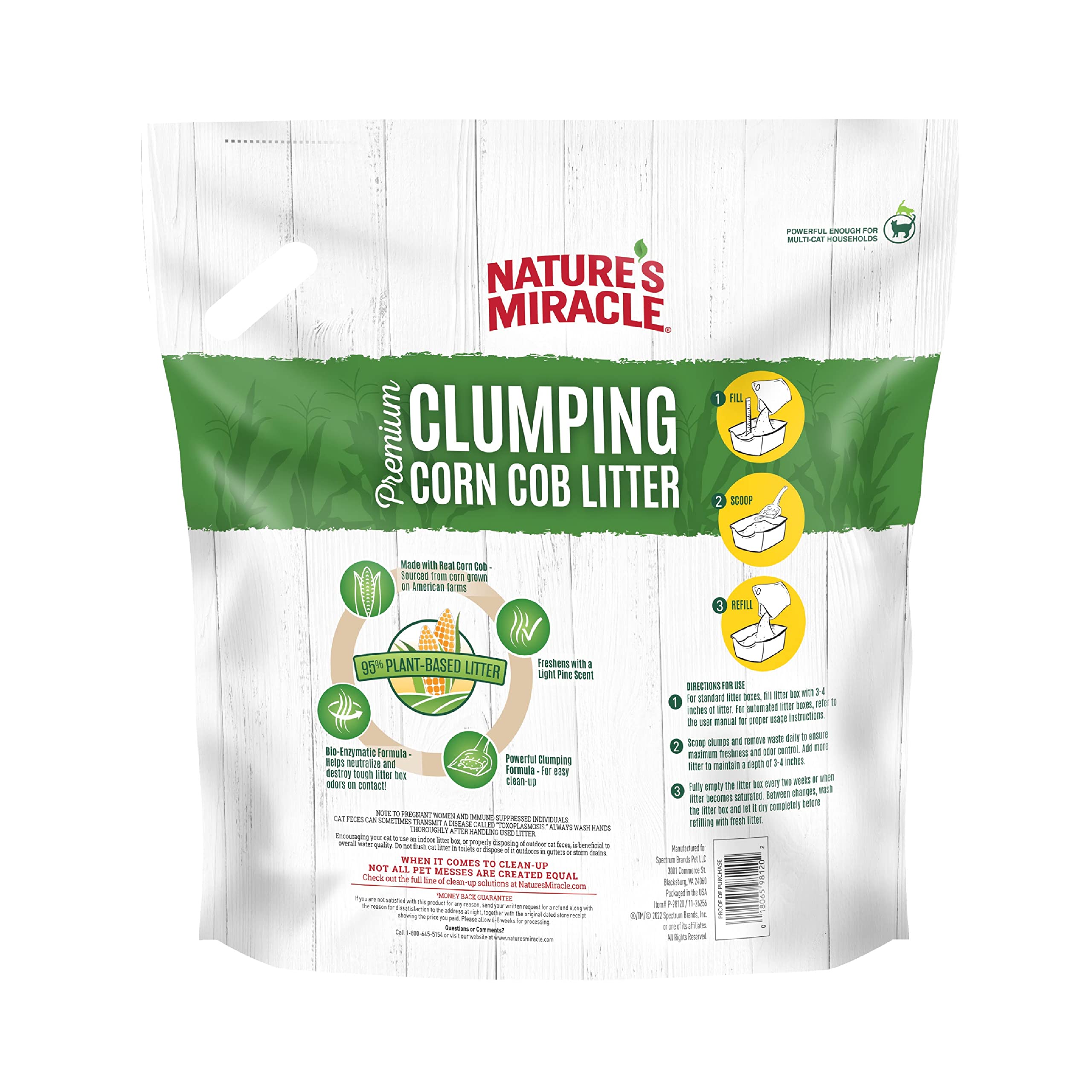 Nature's Miracle Premium Litière maïs — absorption rapide 2x.
