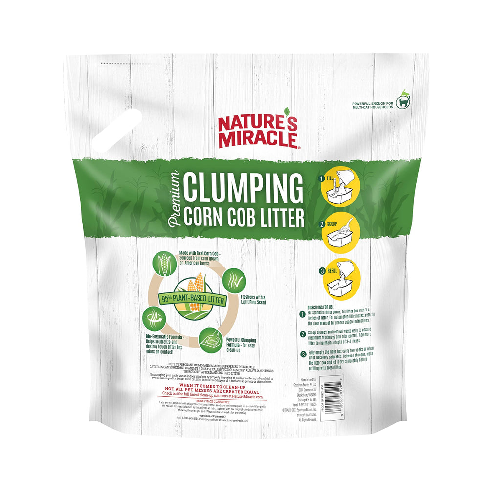 Nature's Miracle Premium Litière maïs — absorption rapide 2x.