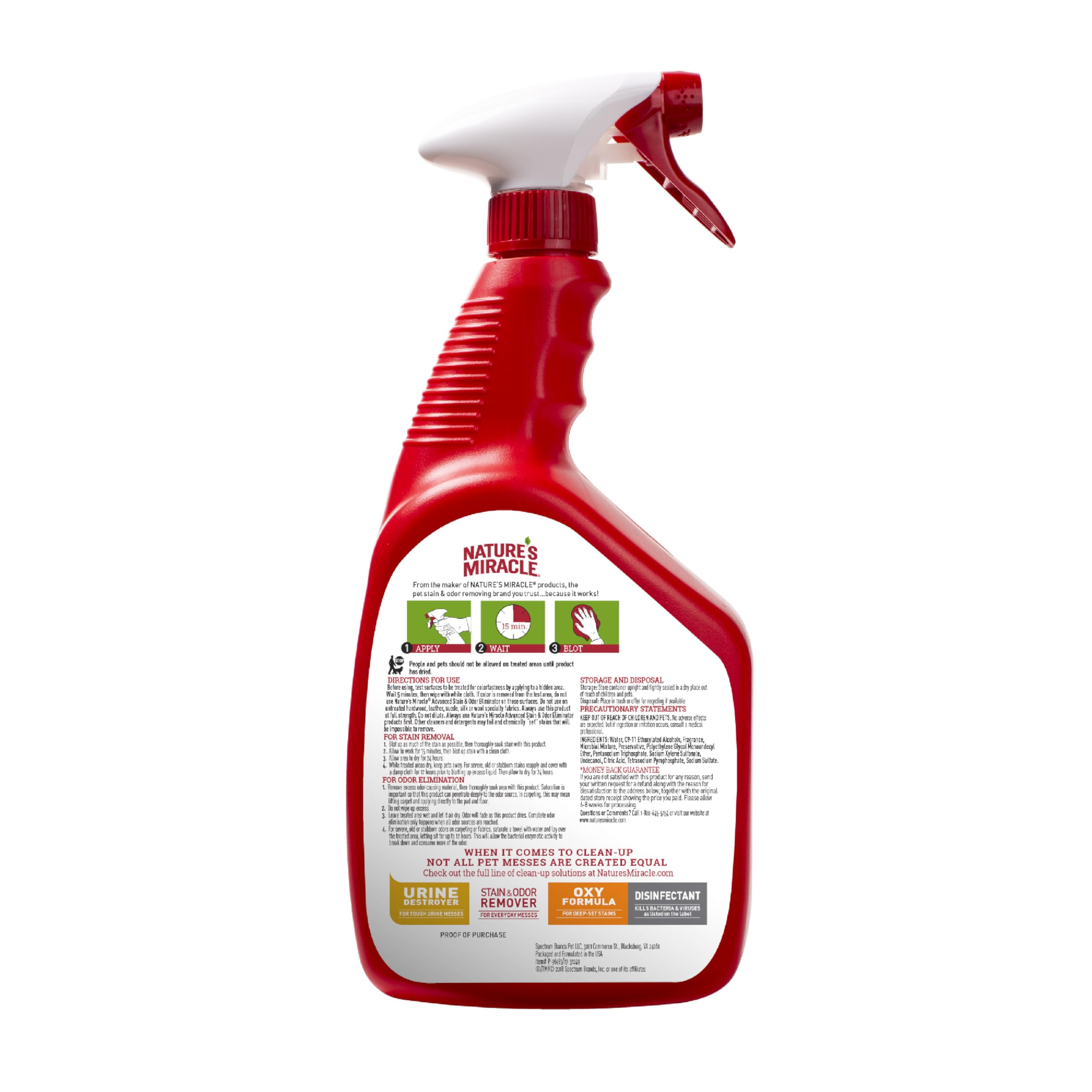 Bouteille Nature’s Miracle sur tapis taché, parfum citronné.