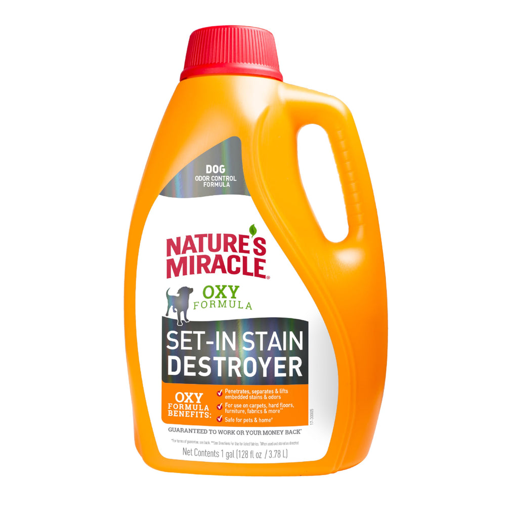 Nature’s Miracle Set-In Stain Destroyer, bouteille 1 galon, combat les taches tenaces sur tapis.