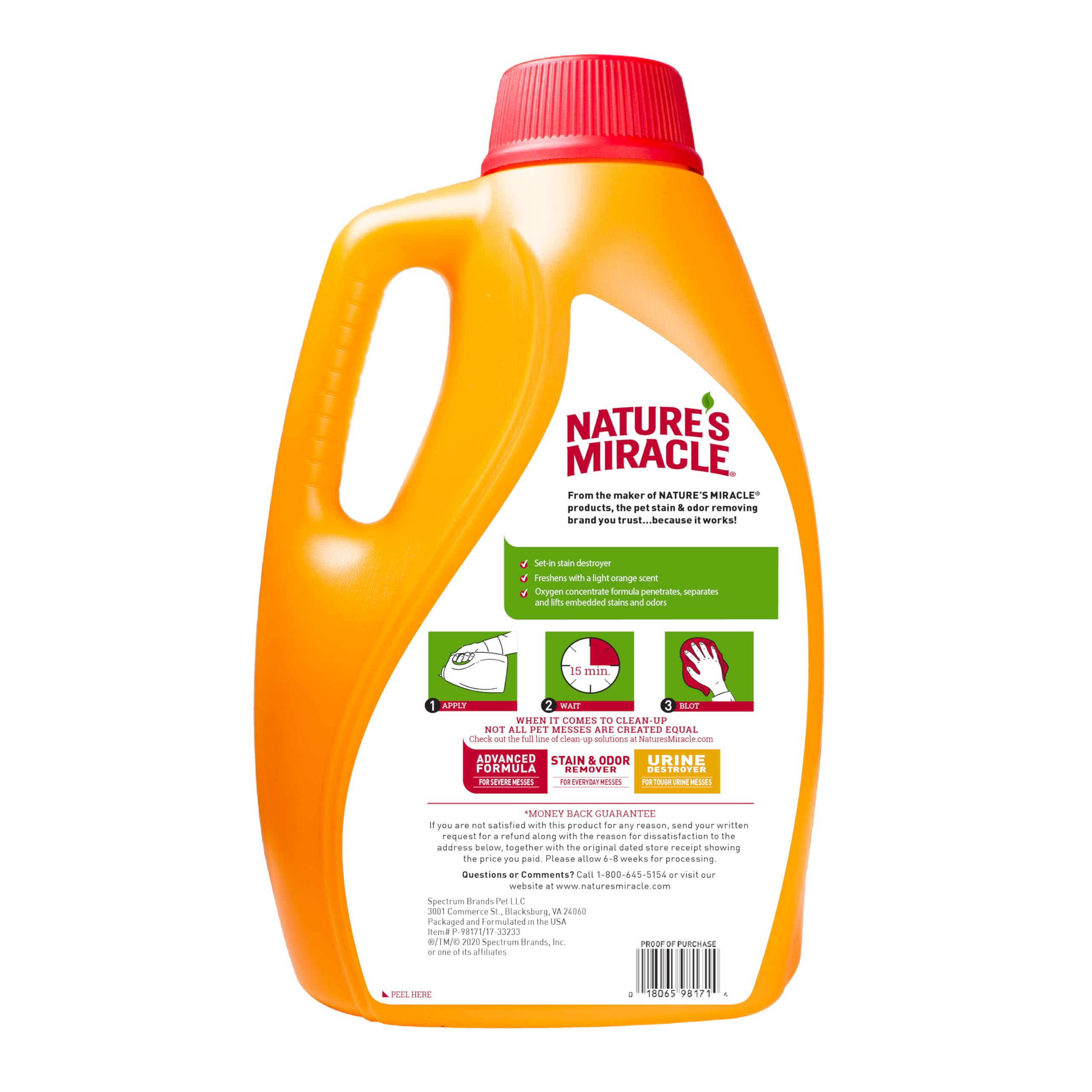 Nature’s Miracle Set-In Stain Destroyer, oxygène concentré, agit sur les taches incrustées.