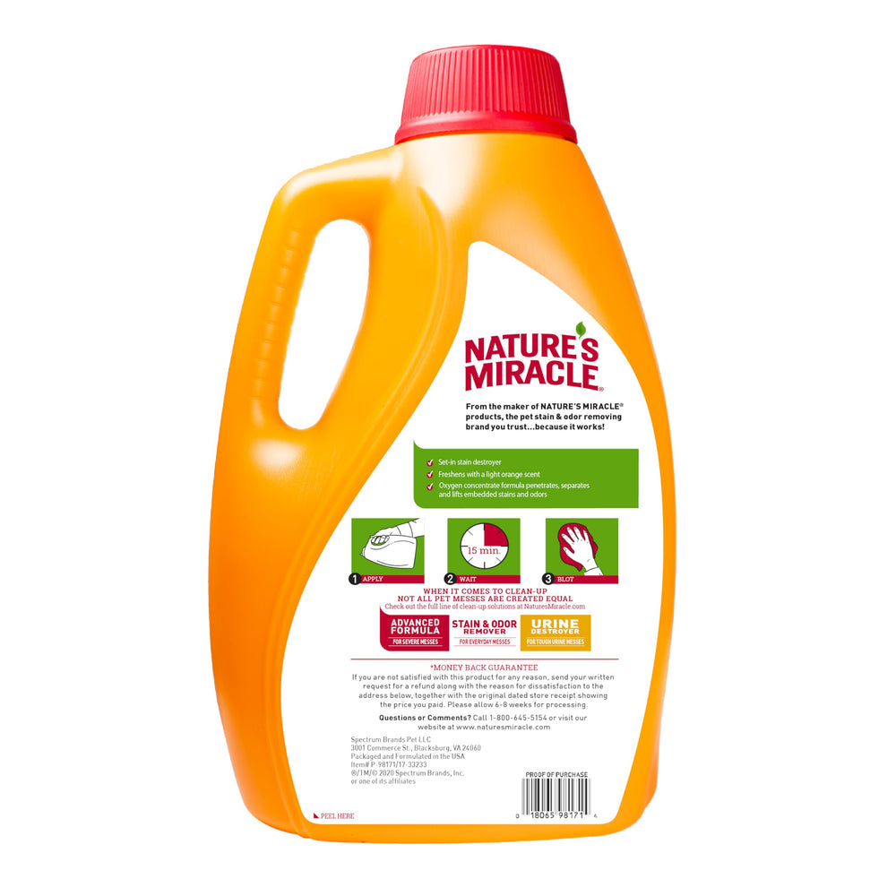 Nature’s Miracle Set-In Stain Destroyer, oxygène concentré, agit sur les taches incrustées.