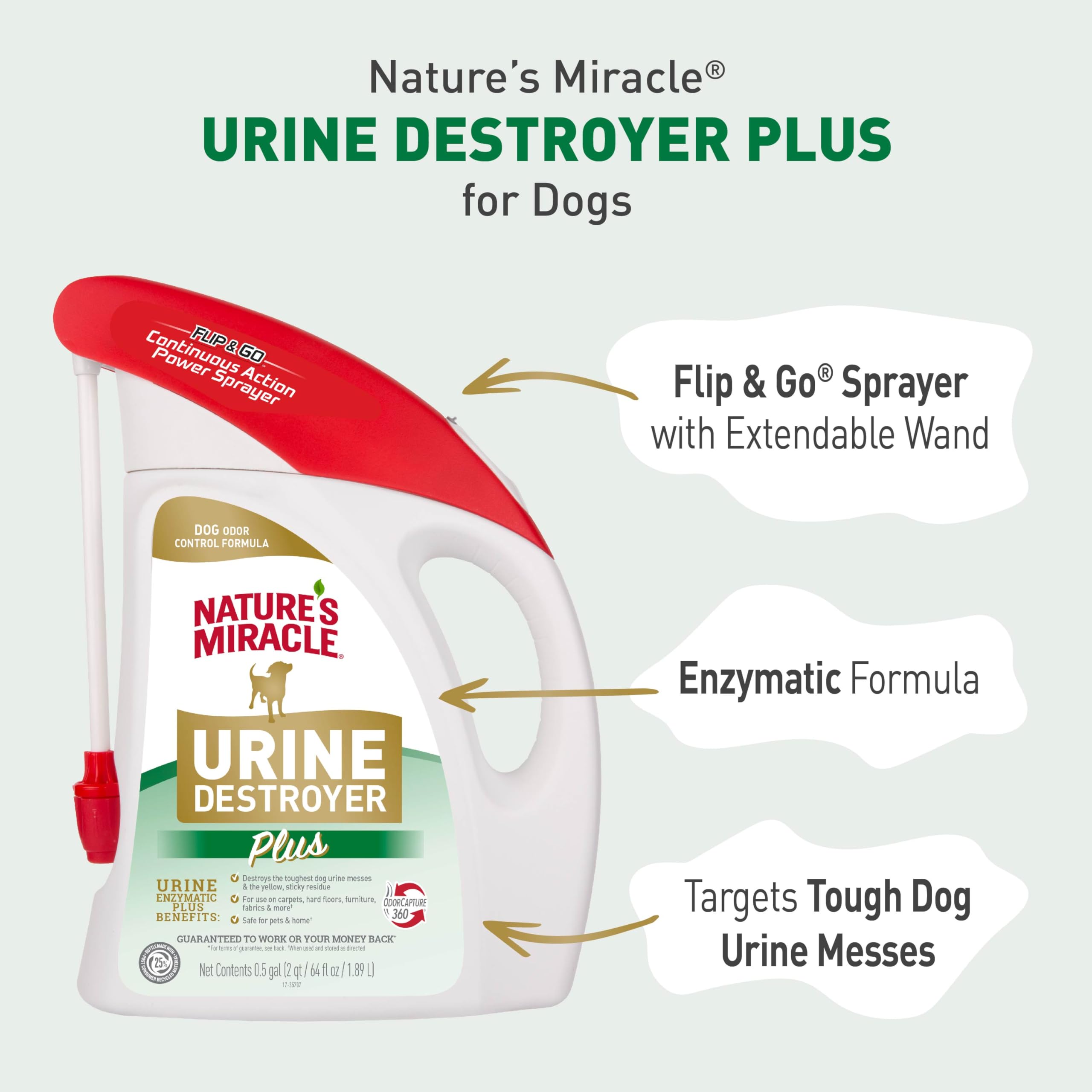 Nature's Miracle Détriteur d’urine Plus — pulvérisation sur tapis, nettoyage efficace des zones urines.