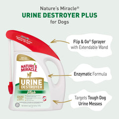 Nature's Miracle Détriteur d’urine Plus — pulvérisation sur tapis, nettoyage efficace des zones urines.