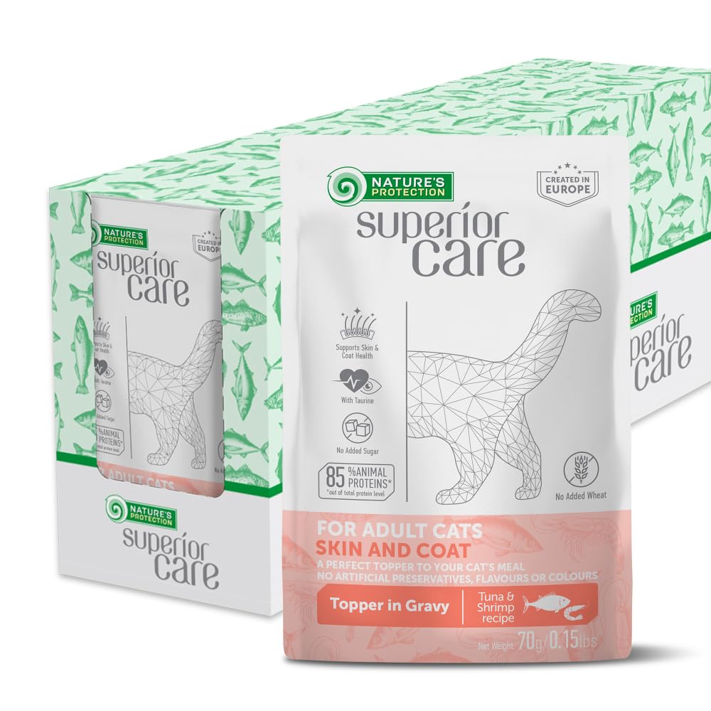 Nature's Protection chat: thon et crevettes en sauce, repas pratique et hydratant.