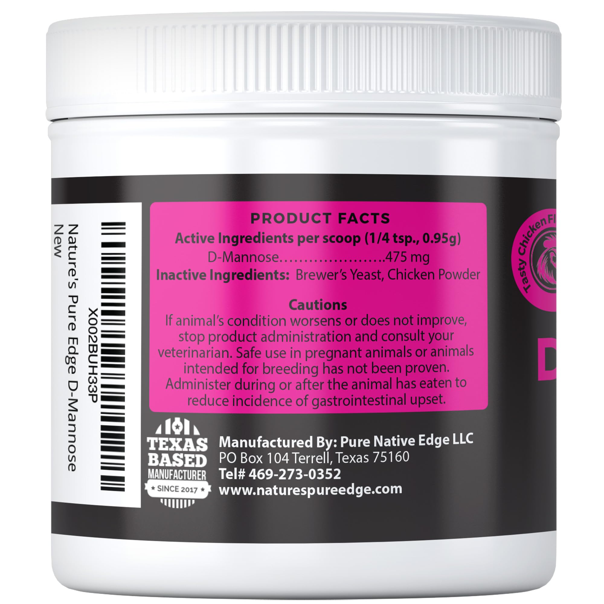 Nature's Pure Edge D-Mannose au poulet, icône prébiotique soutien digestif.