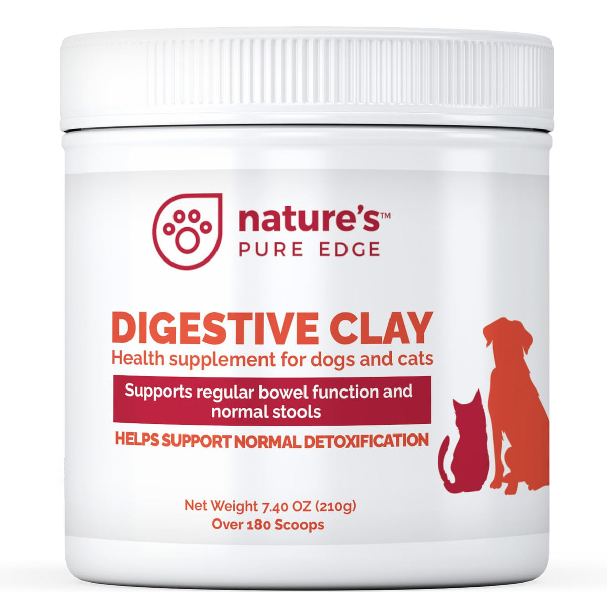 Nature's Pure Edge poudre argile dans le bocal, soutien digestif naturel pour chiens et chats.