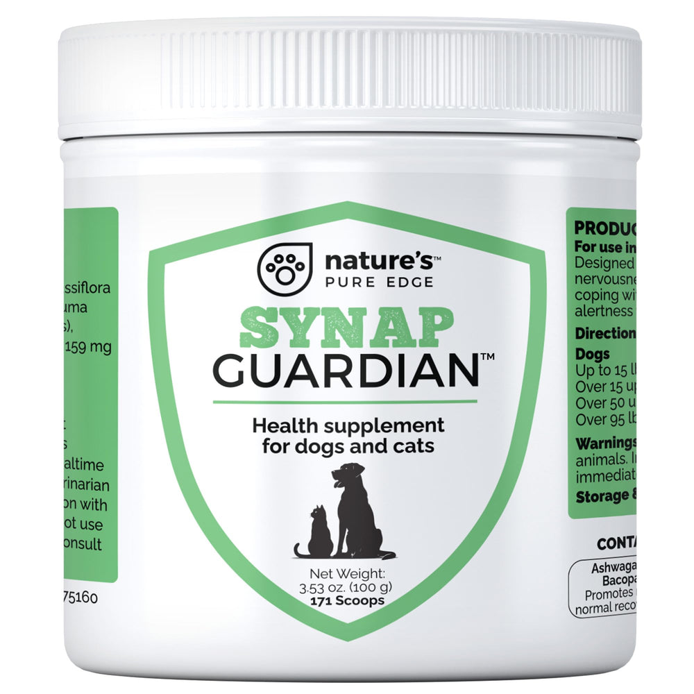 Synap Guardian – la bouteille montre le produit calmant pour chiens et chats.