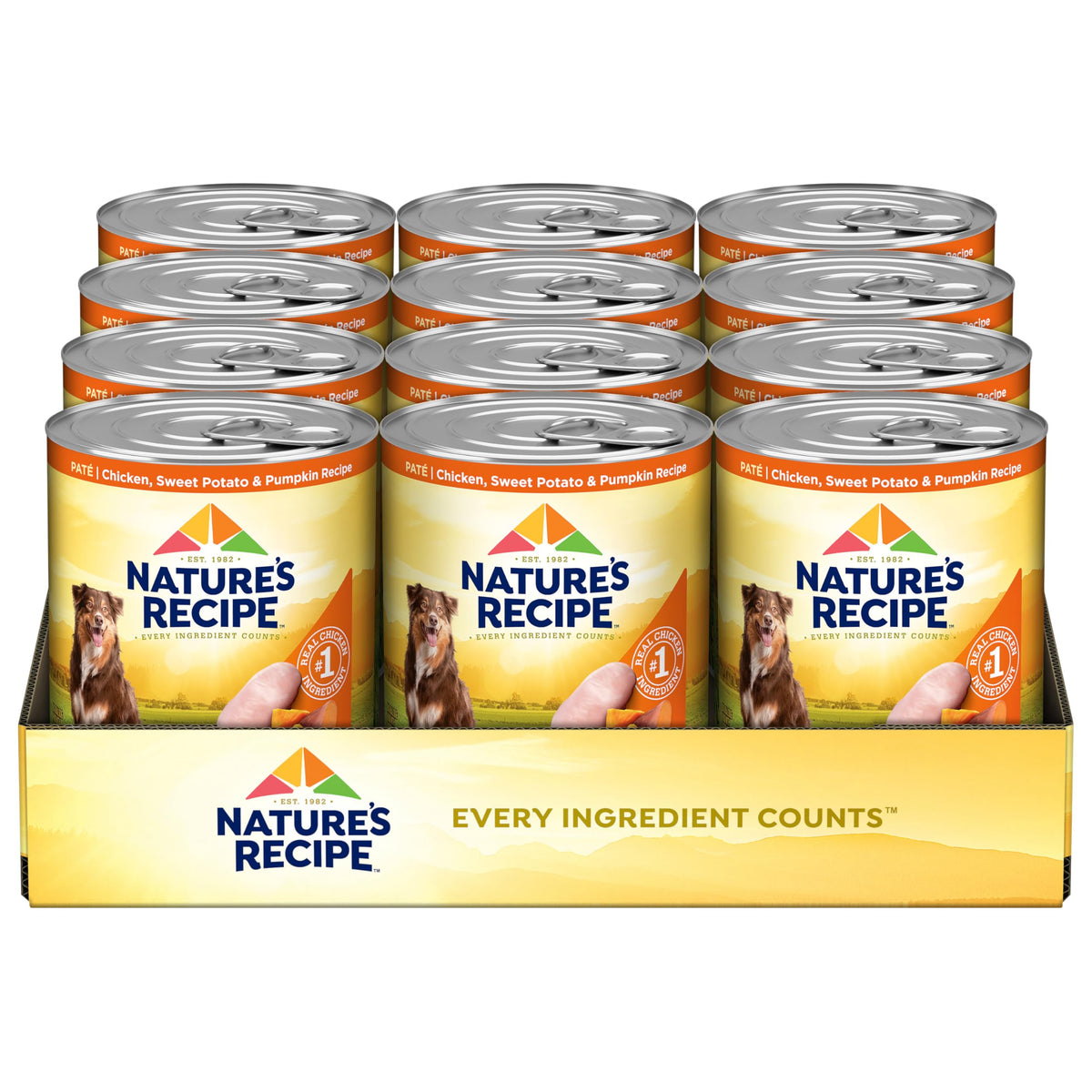 Nature’s Recipe – boîte humide poulet patate douce citrouille, idéale pour chiens sensibles (sans céréales).