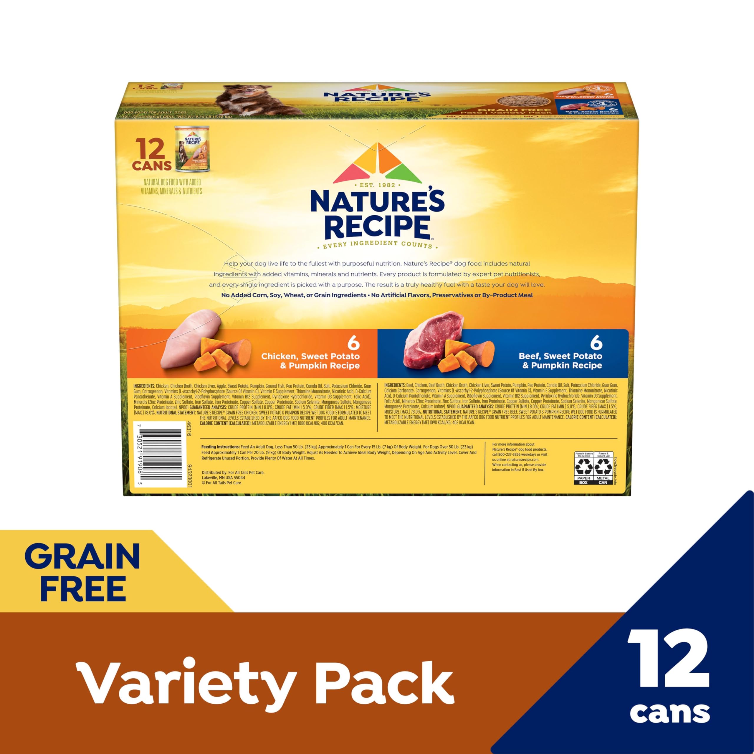 Pack de 12 boîtes Nature’s Recipe, pâté humide varié, pratique à servir.