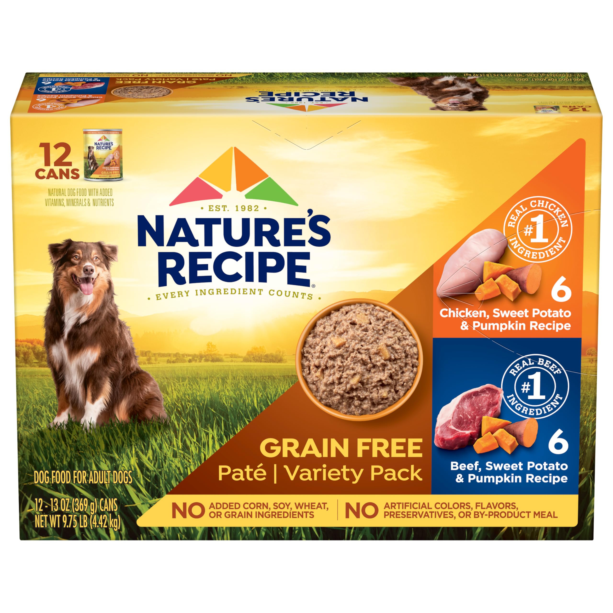 Nature’s Recipe pâté poulet-boeuf, patate douce et citrouille, texture lisse et appétissante pour chien.