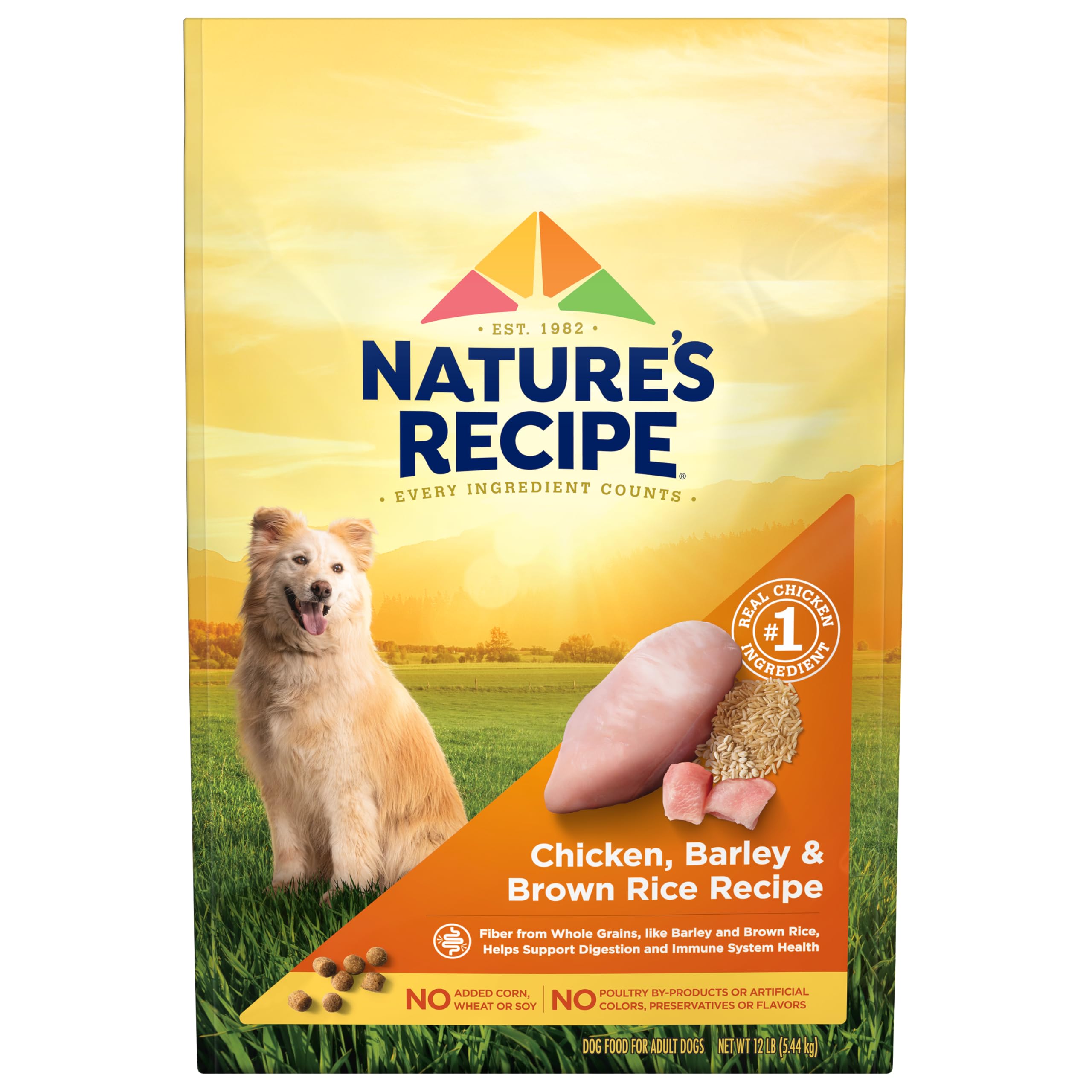 Nature’s Recipe poulet, orge et riz brun — sac 12 lb, soutien musculaire potentiel.