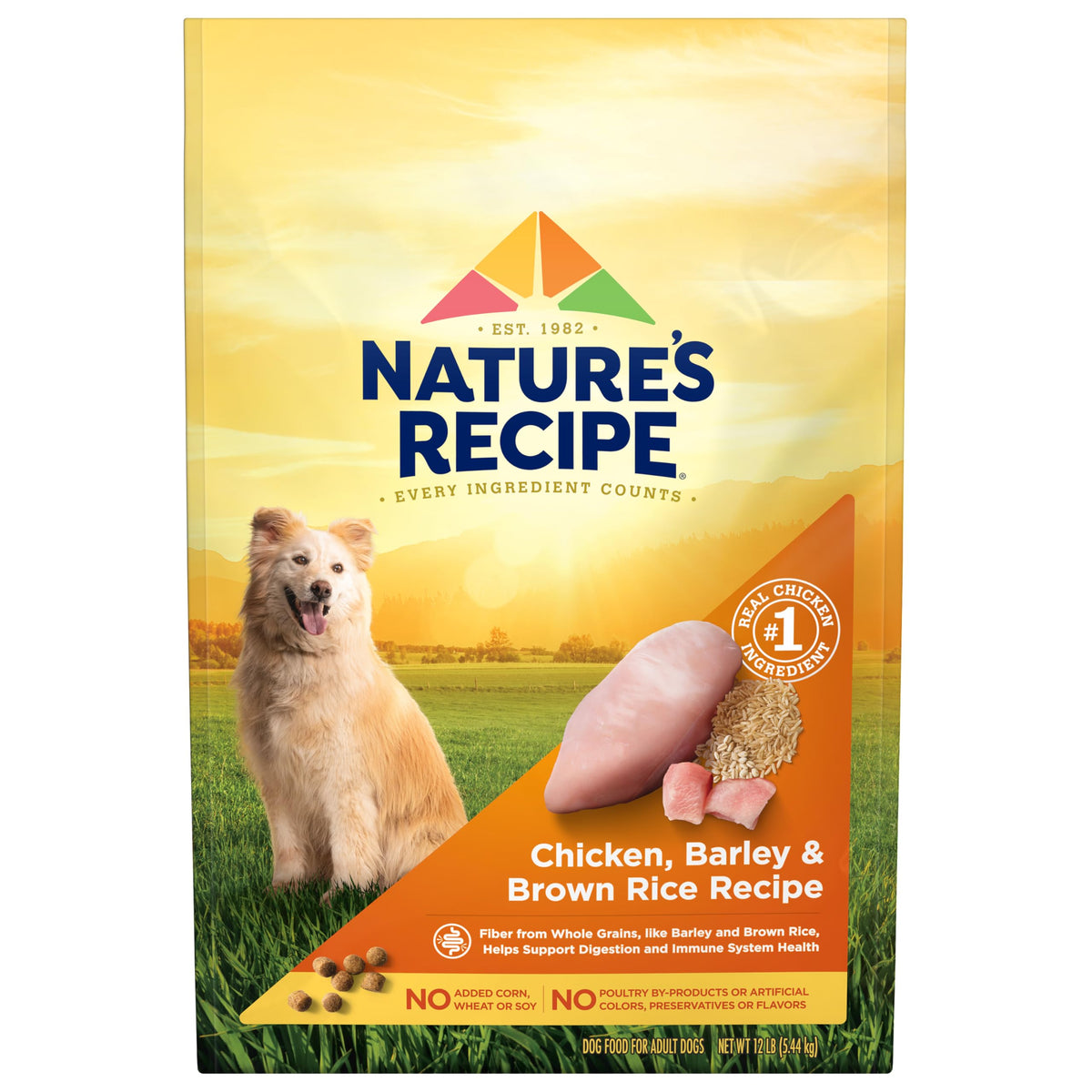 Nature’s Recipe poulet, orge et riz brun — sac 12 lb, soutien musculaire potentiel.