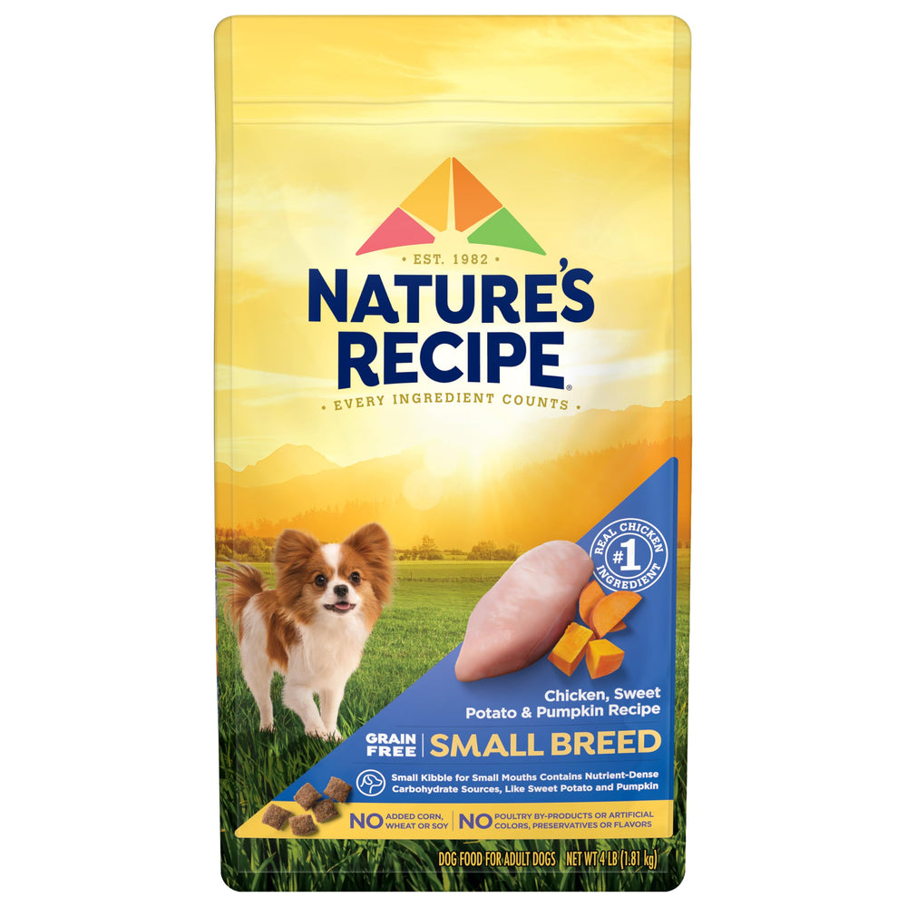 Nature's Recipe croquettes petites races au poulet et patates douces pour énergie quotidienne.