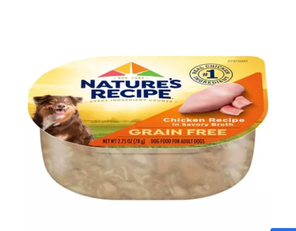 Nature's Recipe poulet sans grains dans bouillon savoureux, portion pratique pour chiens.