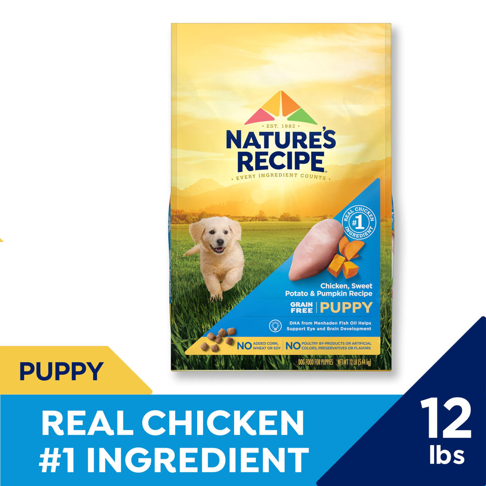 Nature's Recipe chiot croquettes patate douce et potiron pour digestion équilibrée.