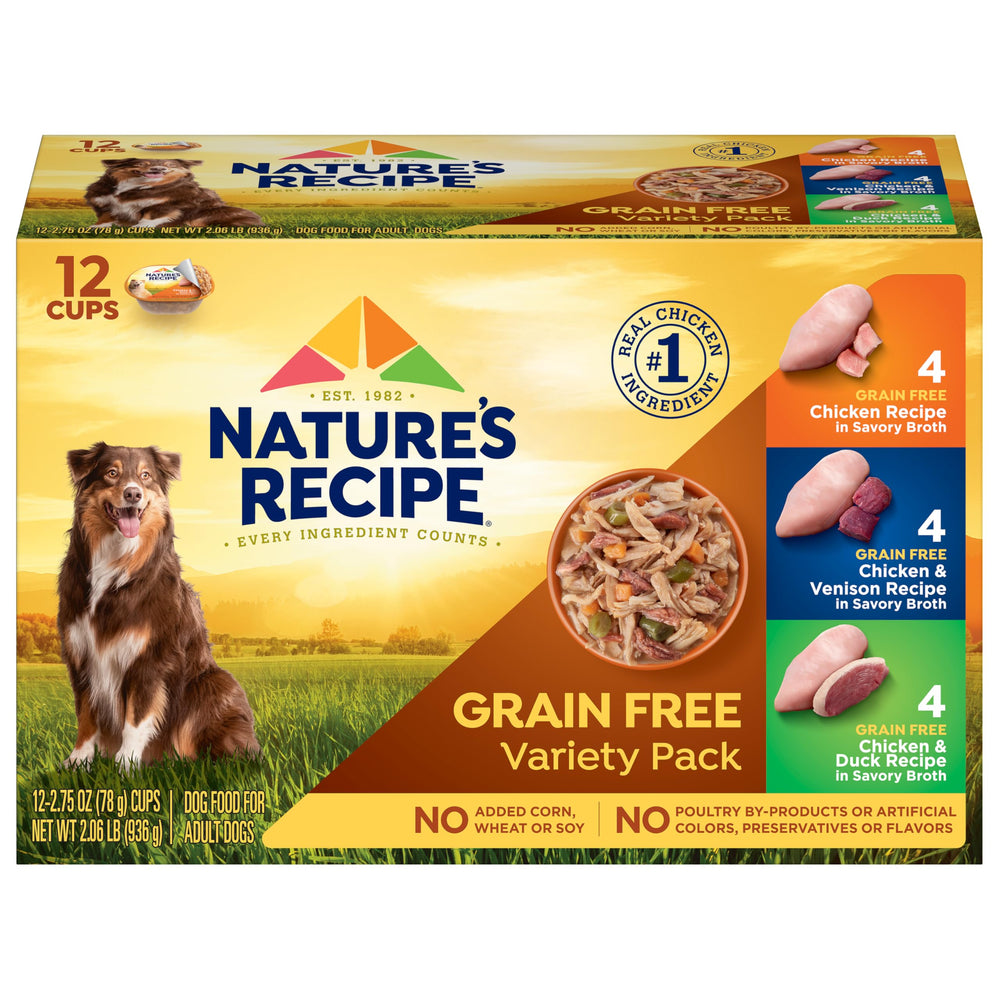 Nature’s Recipe recette poulet sans grain bouillon, texture appétissante pour chiens exigeants.