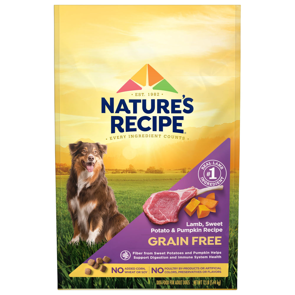 Nature's Recipe croquettes sans céréales pour chien présentées en sachet, soutien digestion.