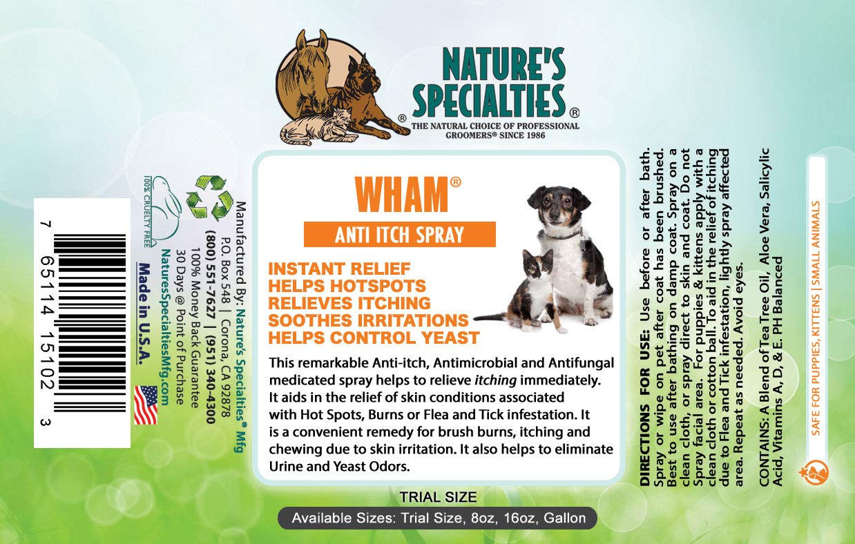 Spray d'application Wham sur pelage humide après bain, usage rapide et efficace.