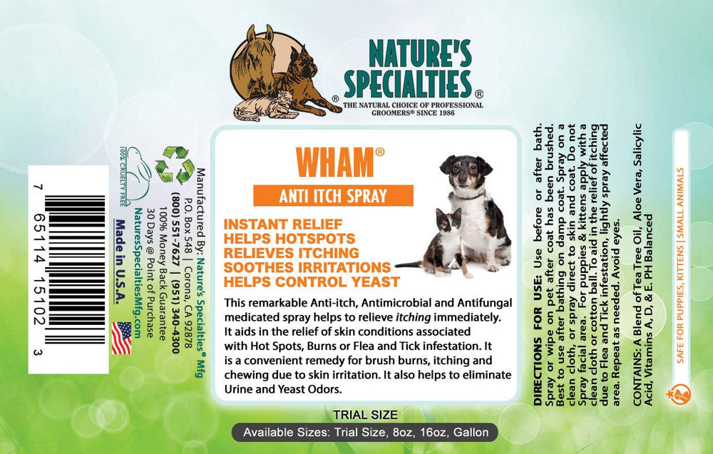 Spray d'application Wham sur pelage humide après bain, usage rapide et efficace.