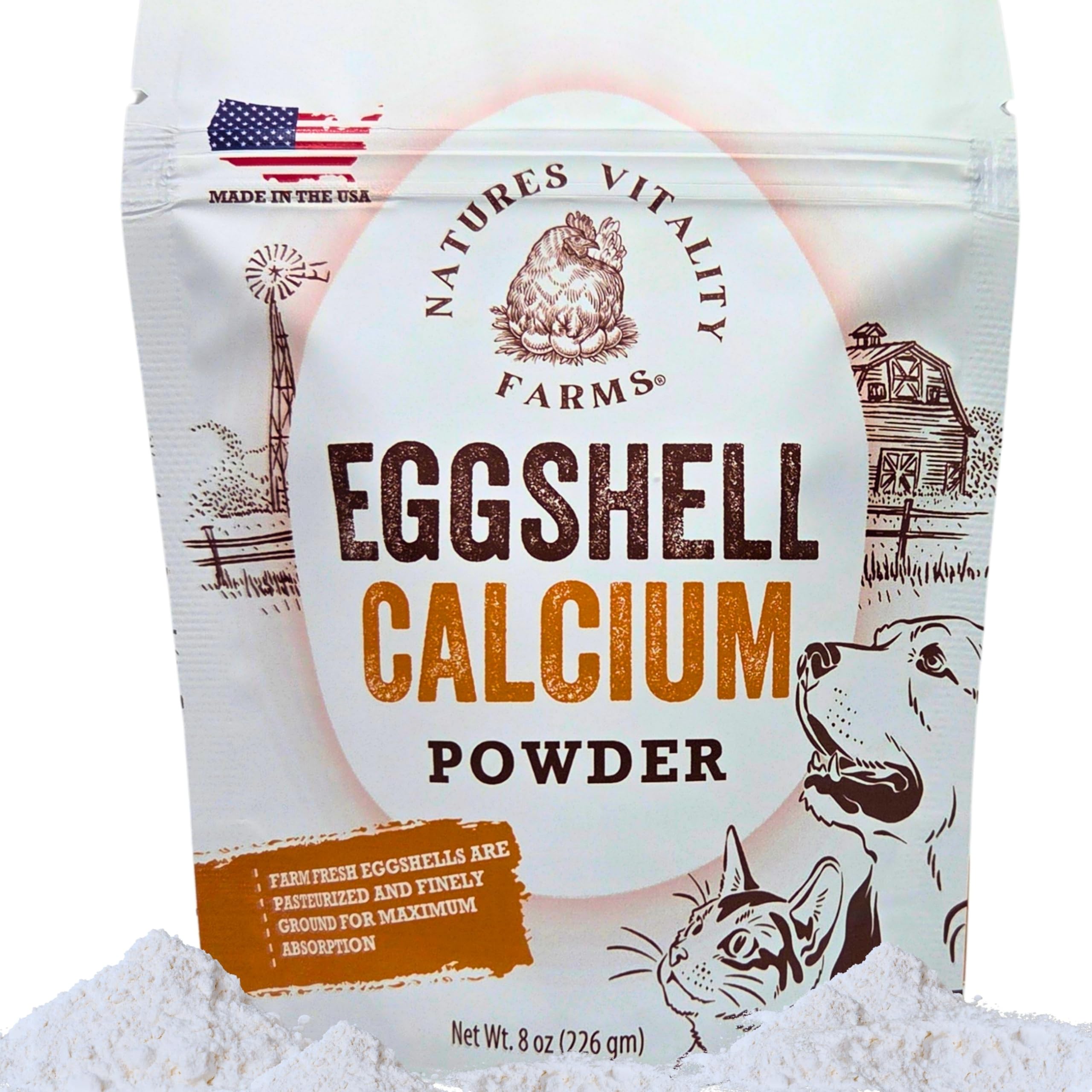 Poudre de coquilles d'œufs Natures Vitality Farms en bocal, calcium simple pour chiens et chats.