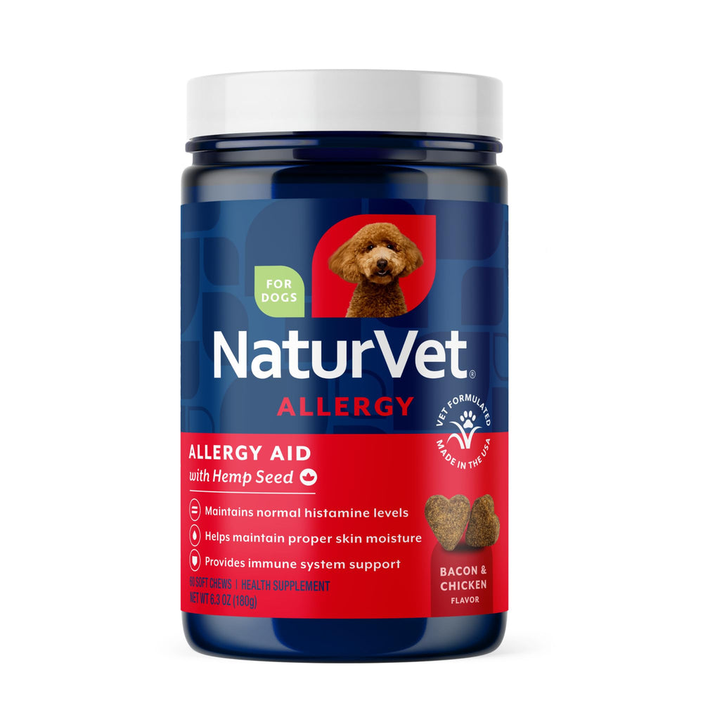 NaturVet Aide Allergie Chanvre pour chien — bouteille et étiquette, dosage sûr.