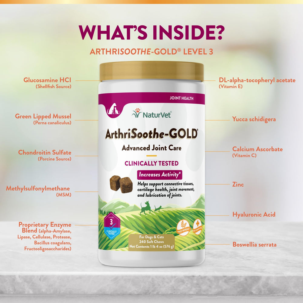 NaturVet ArthriSoothe-Gold composants dont acide hyaluronique et moules vertes.