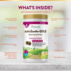 NaturVet ArthriSoothe-Gold composants dont acide hyaluronique et moules vertes.