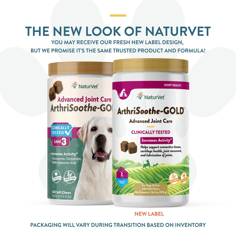 NaturVet ArthriSoothe-Gold ingrédients clés comme glucosamine et chondroïtine.