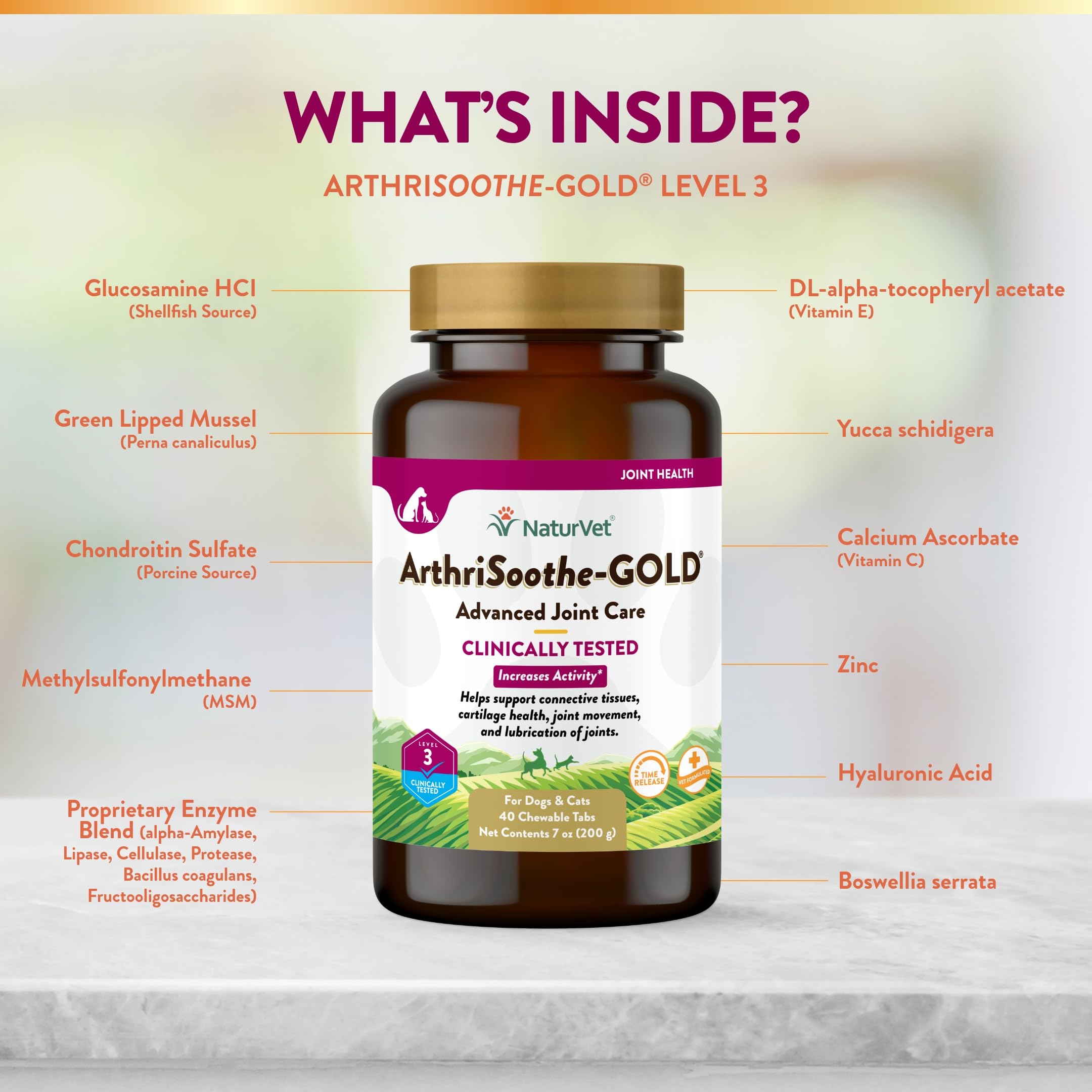 NaturVet ArthriSoothe-Gold Niveau 3 chondroïtine glucosamine, soutien des tissus conjonctifs.