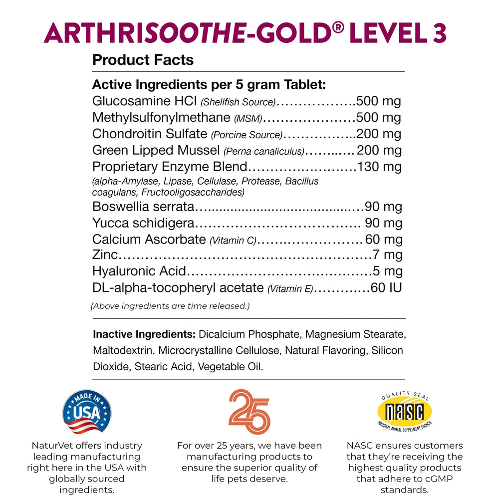 NaturVet ArthriSoothe-Gold Niveau 3 formulation vétérinaire de confiance.