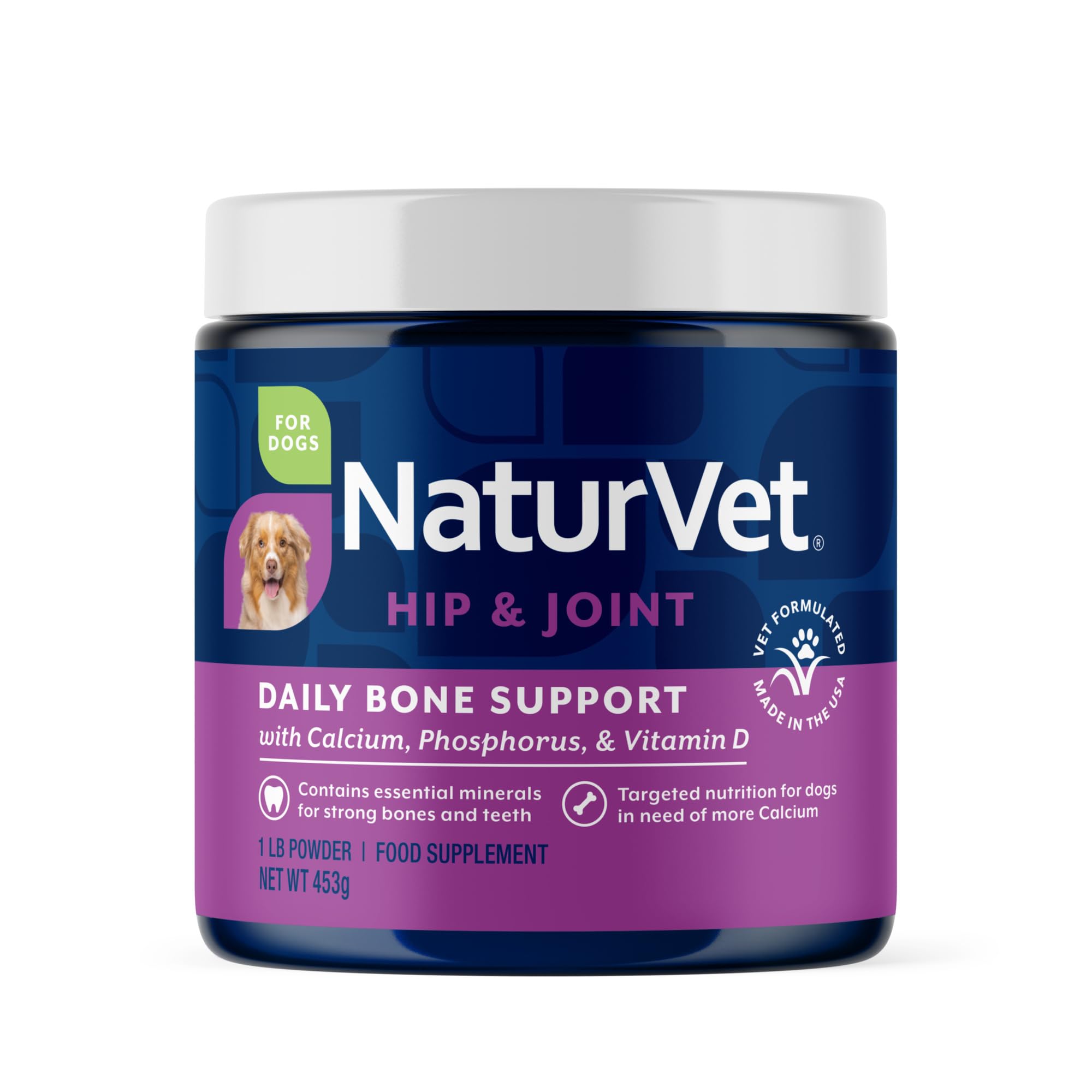 NaturVet Calcium-Phosphore, flacon visible, soutien potentiel des os solides chez le chien.