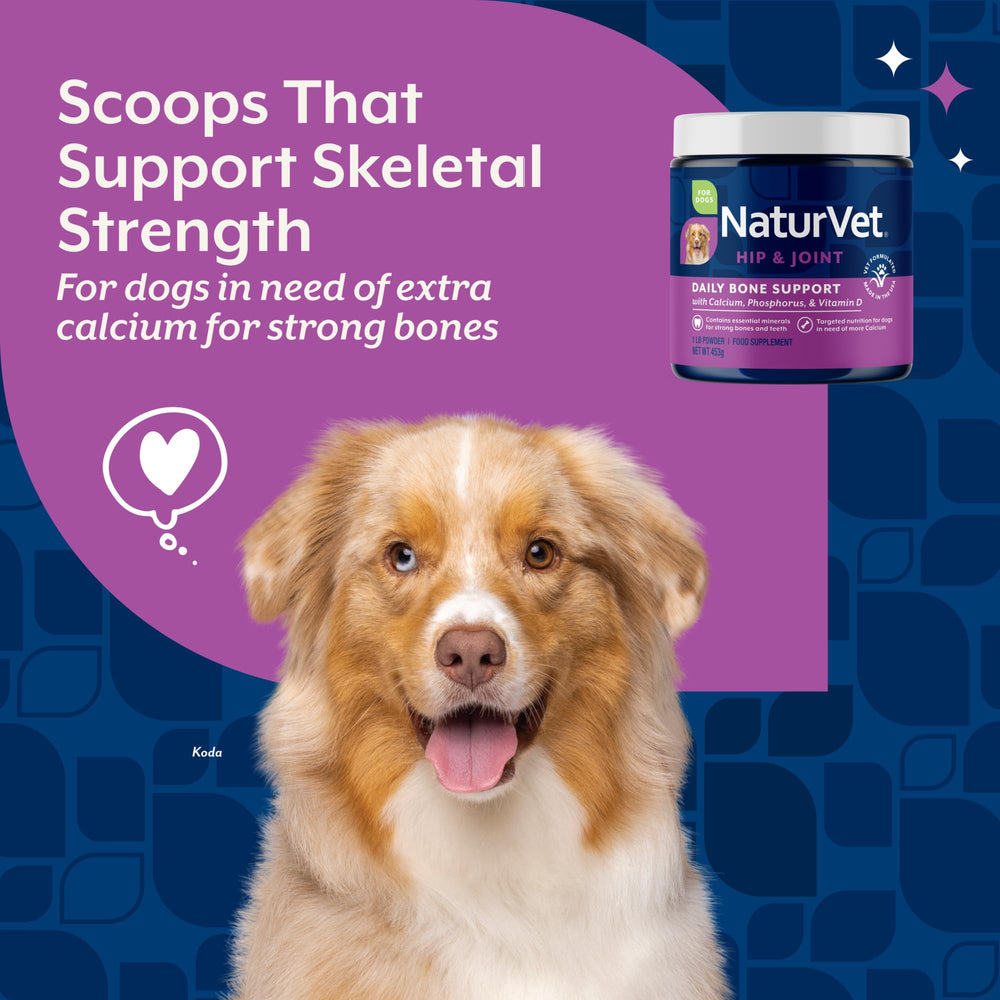 Poudre NaturVet Calcium-Phosphore mélangée facilement à l’alimentation canine.