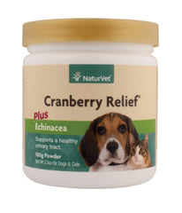 NaturVet Cranberry Relief en emballage 100 g, soutien urinaire potentiel.