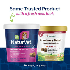 NaturVet Cranberry Relief Plus Echinacea: bouchées molles au goût agréable, soutien immunitaire possible.