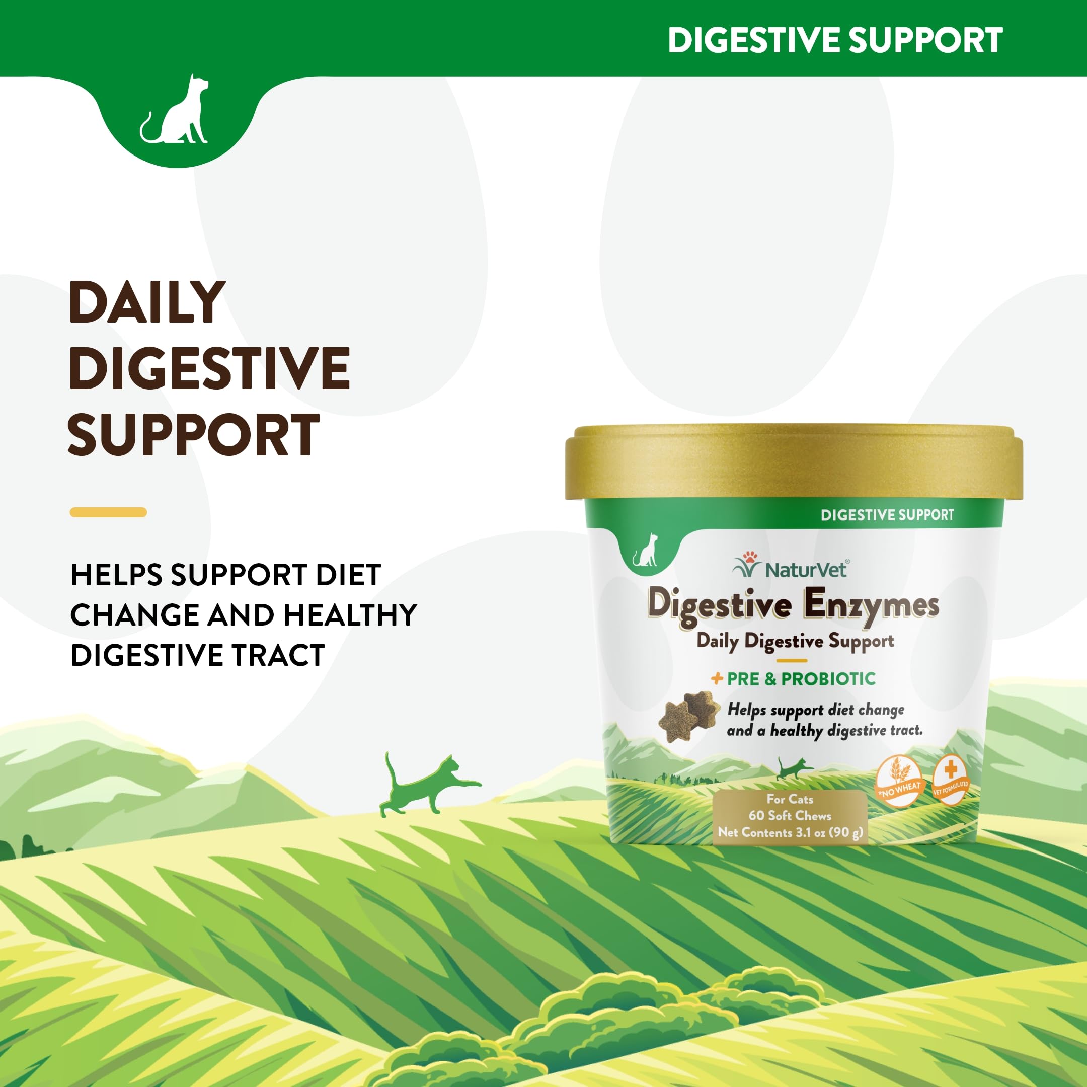 NaturVet Digestive Enzymes Plus Probiotic, emballage clair, idéal lors d'une transition alimentaire.