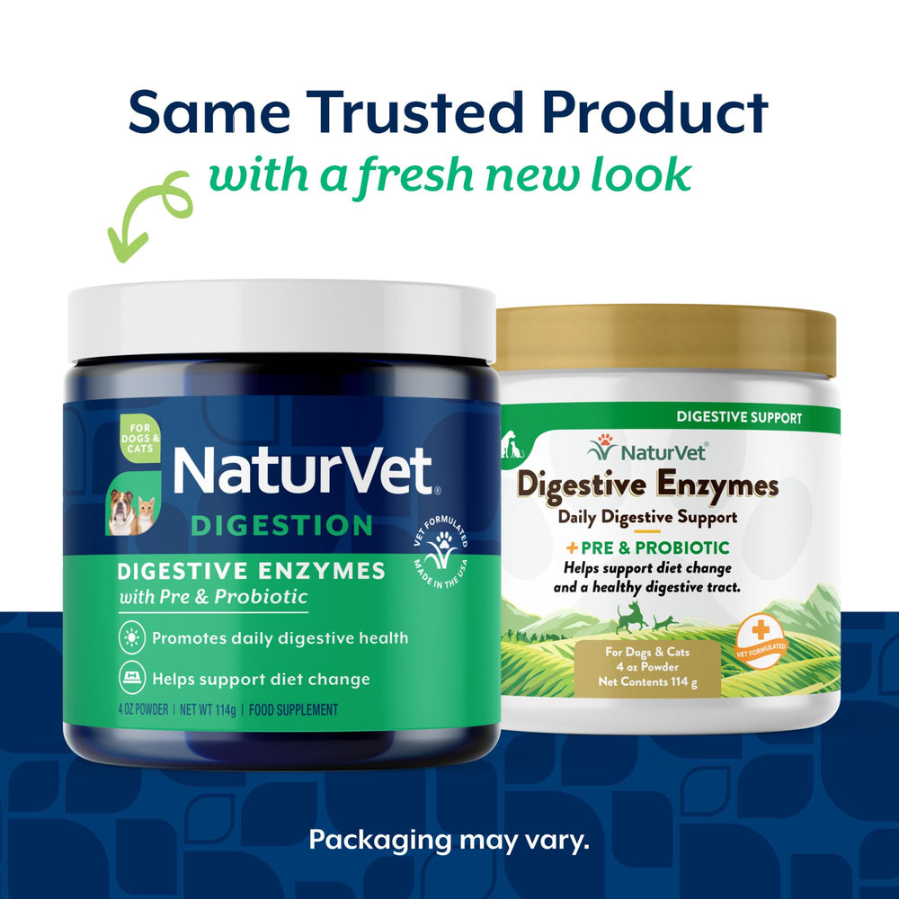 NaturVet enzymes digestives: poudre en vue, idéal pour administration quotidienne.