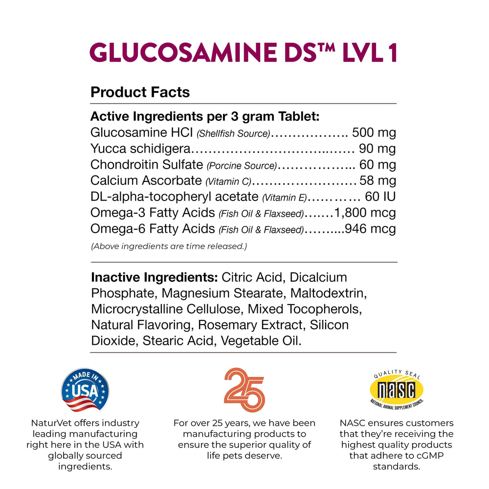 NaturVet Glucosamine DS – usage adapté aux animaux actifs.
