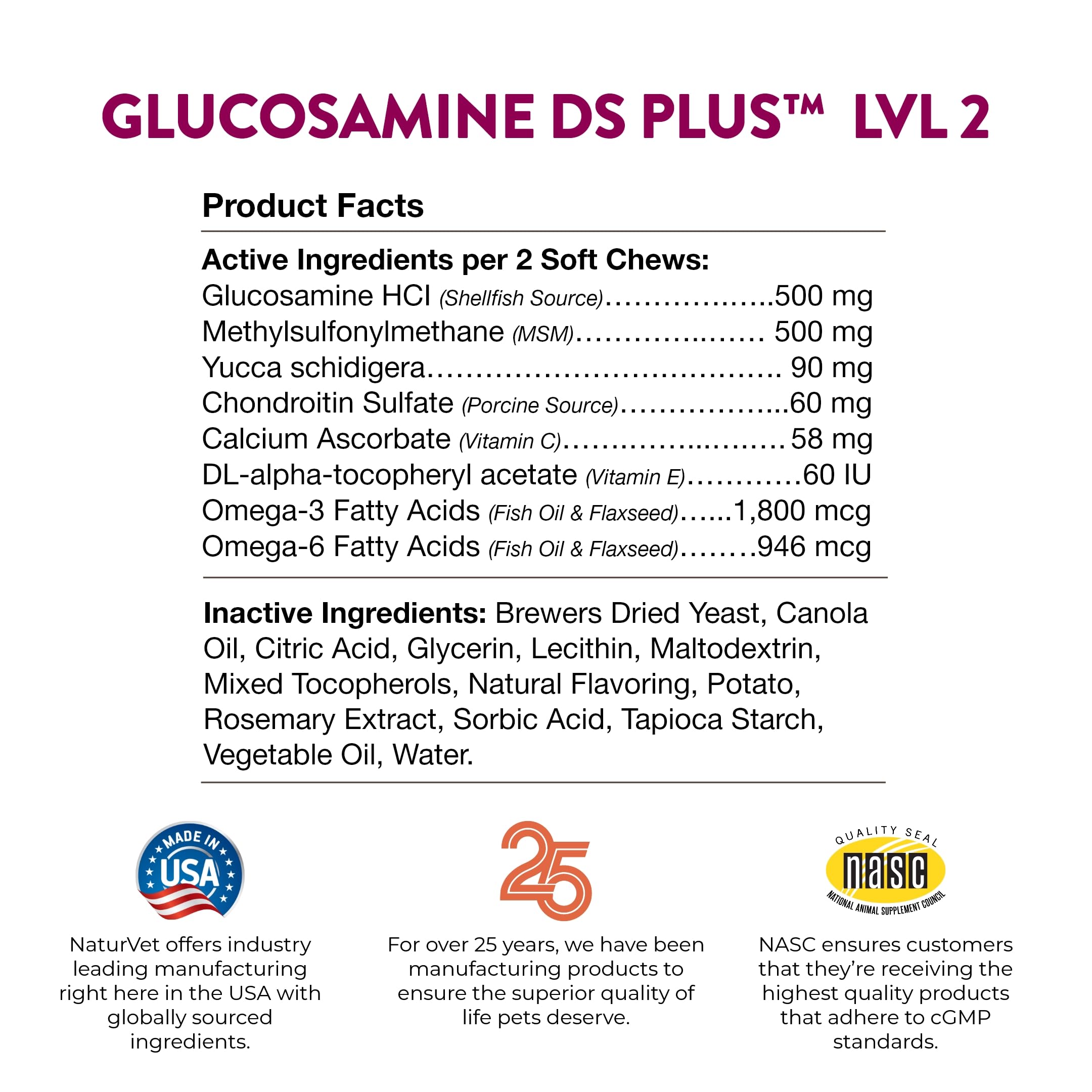 NaturVet Glucosamine DS Plus – étiquette claire, informations produit utiles.
