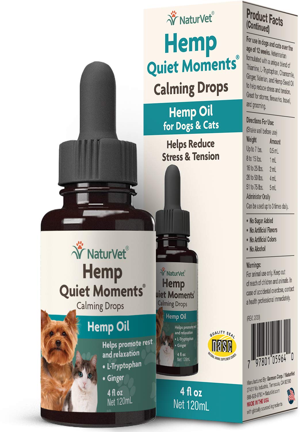 Gouttes NaturVet pour chiens et chats, bouteille de calme.