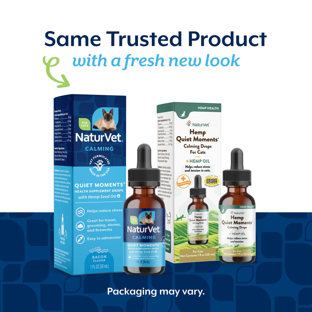 NaturVet Hemp Quiet Moments pour chat, gouttes appliquées, favorise la relaxation.