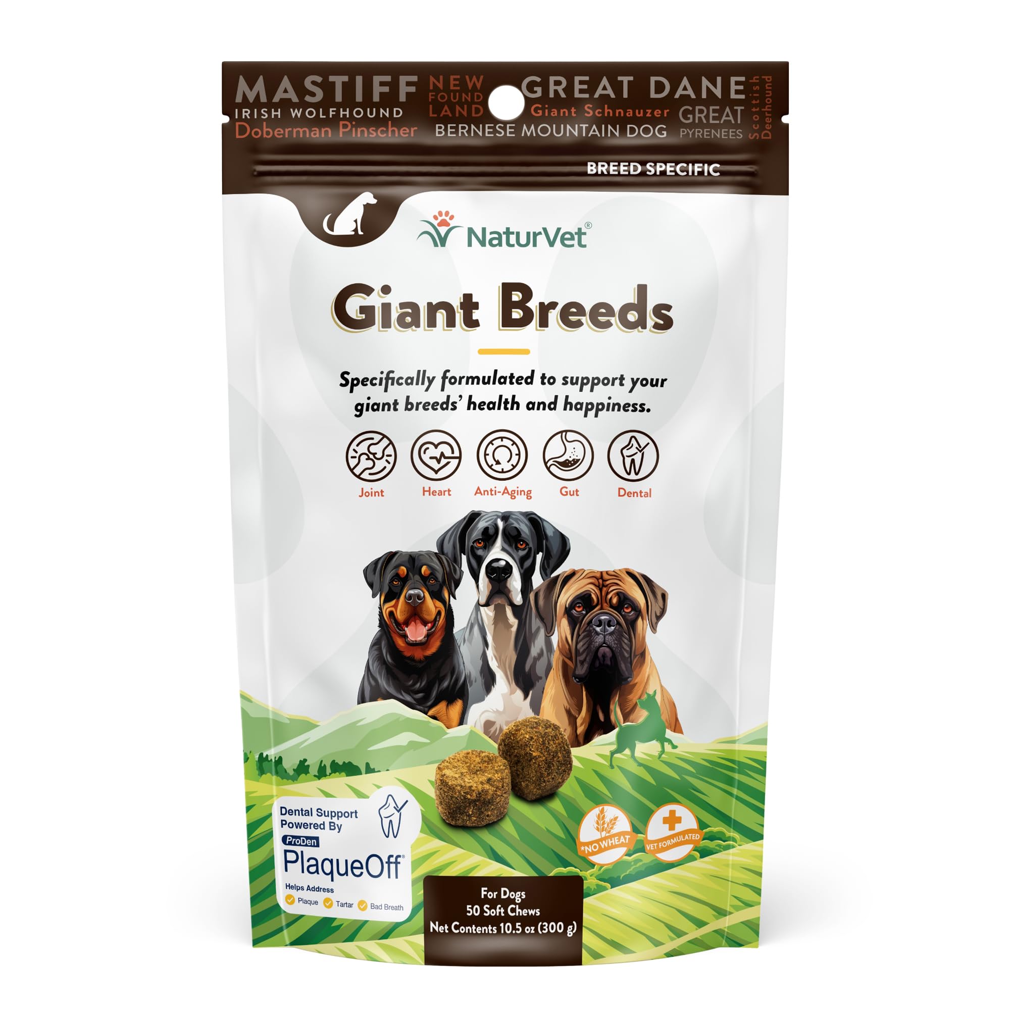 NaturVet Grandes Races - emballage clair et informatif du complément pour chiens.